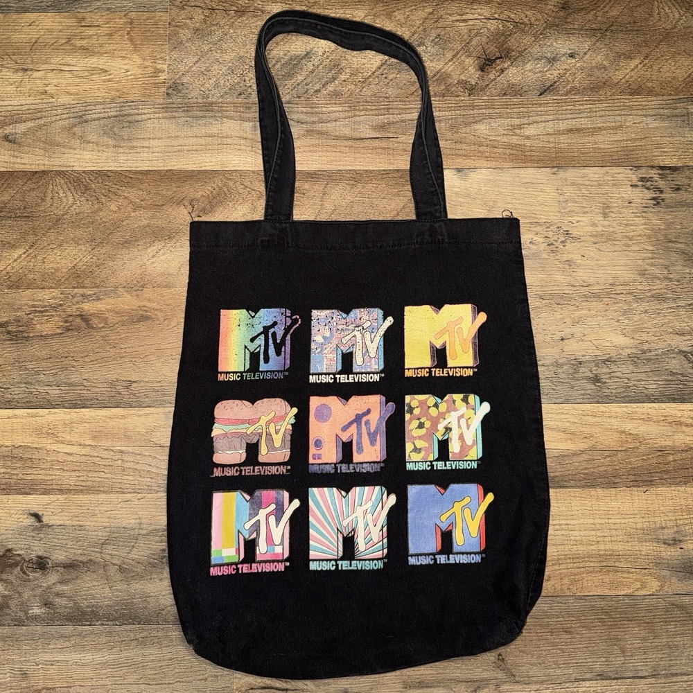MTV Canvas Bag Black 17 Inch Nostalgic Retro Graphic Logo Tote Shoulder Bag